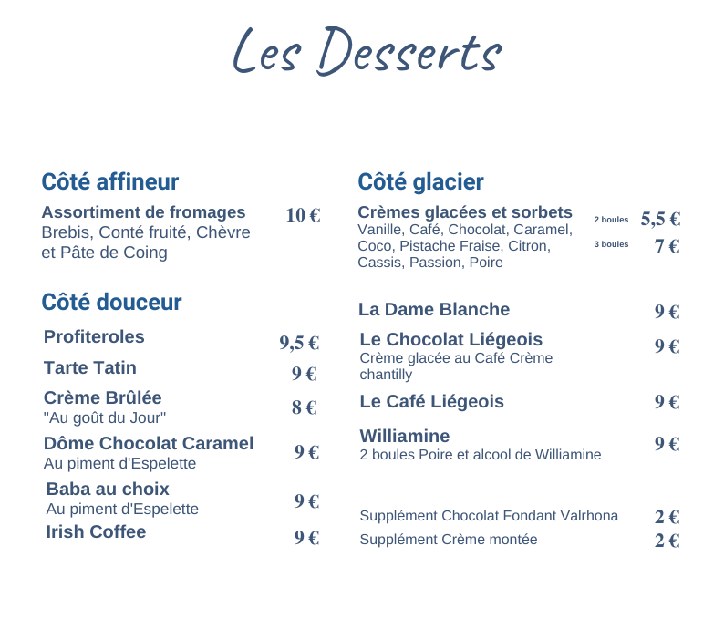 carte des desserts